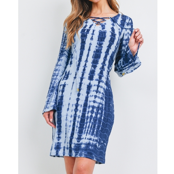 Boho Chic Tie-Dye Bell Cuff Shift Dress | Tassel Tie Neck | Blue Stripe Print - Picture 3 of 6